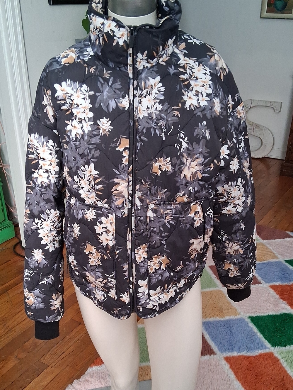 FLX Floral Puffer Jacket in Charcoal & Cream - Small